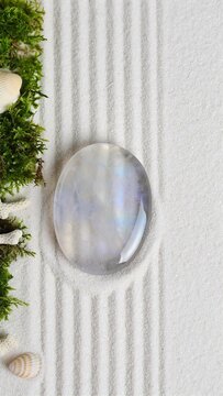 Polished moonstone on raked zen sand with moss and copy space