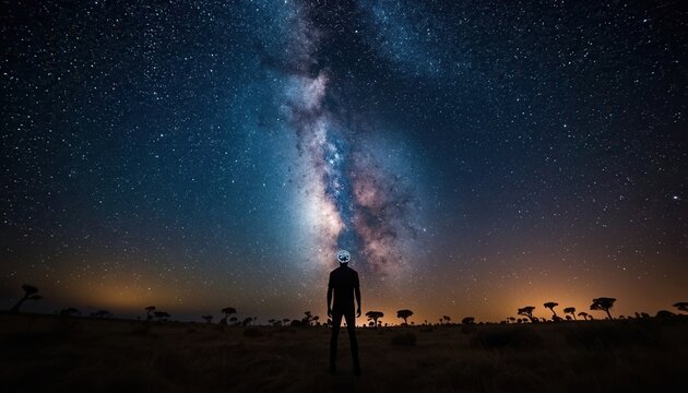 Cosmic Wonder: A lone figure stands in awe, silhouetted against a breathtaking expanse of the Milky Way, galaxies and stars illuminating the night sky, inspiring wonder and vastness.