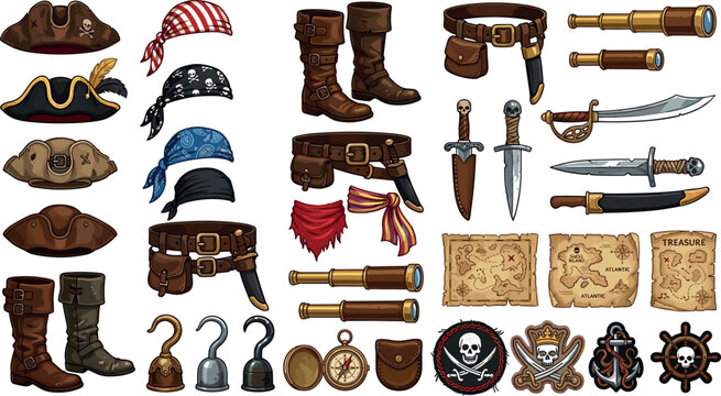 Antique Pirate Equipment and Costume Accessory Vector Icon Set Featuring Tricorn Hats Bandanas Leather Boots Belts Cutlass Swords Spyglasses and Treasure Maps