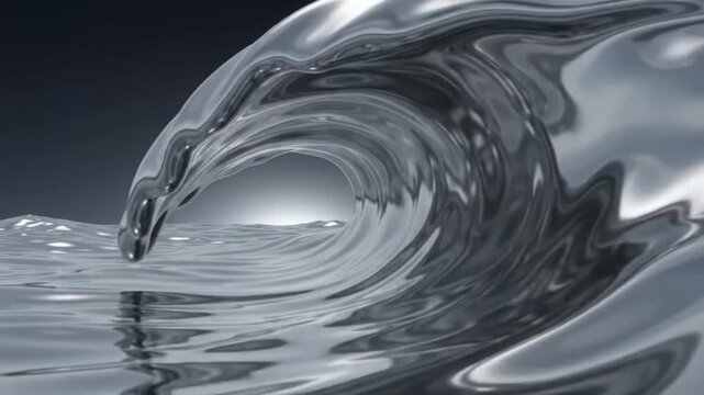 A highly reflective metallic wave curls over a silver water surface, combining liquid chrome textures with surreal futuristic CGI aesthetics.