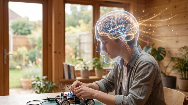 Young student working on a robotics project with a glowing digital brain hologram.