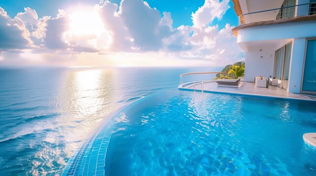 Luxury infinity pool overlooking vast ocean, sunlit clouds, and a scenic seaside villa
