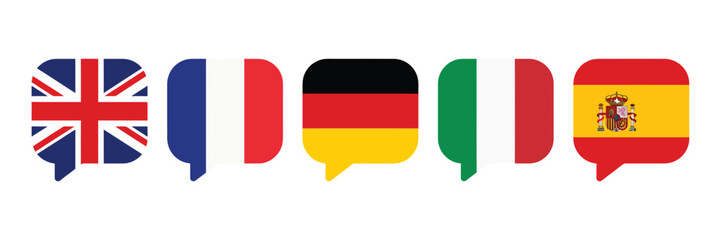 European country speech bubble illustration. Flag conversation icons for english, french, german, italian, and spanish language learning, translation, tourism, and international communication. © mdbhraju76