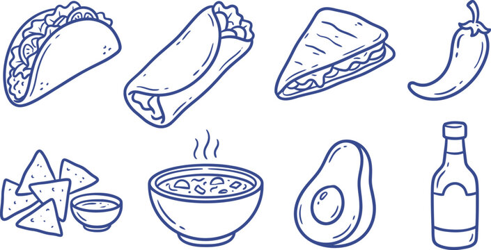 Mexican food vector collection, hand-drawn doodle style icons including tacos, burrito, quesadilla, nachos, chili pepper, avocado, and hot sauce for restaurant menus