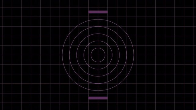 military secret radar spy tracker electronic device heads up display screen with radiating ping radius sonar and moving rectangular digital blocks on a navigation chart map grid 4K animation