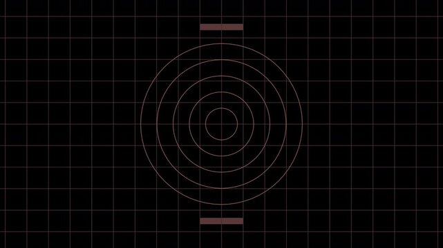 military secret radar spy tracker electronic device heads up display screen with radiating ping radius sonar and moving rectangular digital blocks on a navigation chart map grid 4K animation