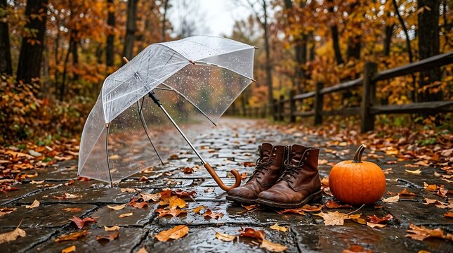 Open umbrella and autumn pumpkin on wooden bench in forest during rainy season