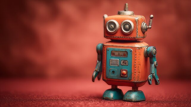 Vintage tin robot toy with weathered orange paint, retro mechanical cyborg figure on red background, antique metal android collectible