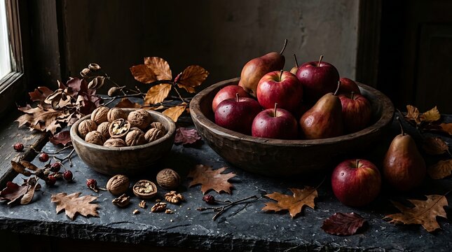 Fresh red apples and walnuts in rustic wooden bowls on a stone surface