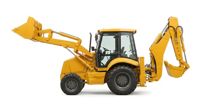 Full side profile photograph of a clean yellow backhoe loader heavy equipment vehicle Isolated on a pure white studio background with soft even lighting Detailed view showing front loader bucket rear 