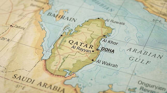 Map of Qatar detailing Doha and surrounding coastal areas printed on antique paper.