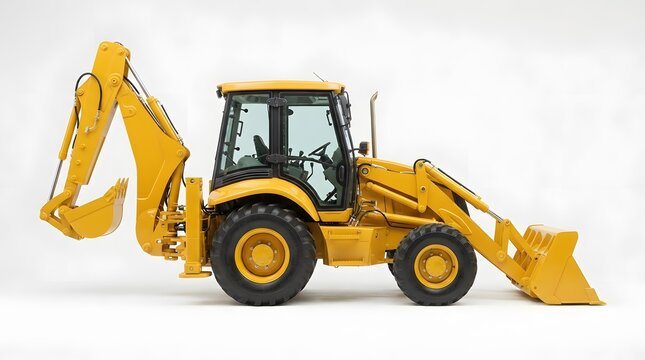 Full side profile photograph of a clean yellow backhoe loader heavy equipment vehicle Isolated on a pure white studio background with soft even lighting Detailed view showing front loader bucket rear 