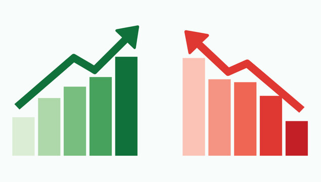 Two contrasting bar graphs showing business growth with upward trend and decline with downward trend for financial performance analysis