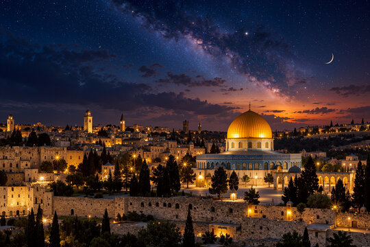 Dome of the Rock and Old City of Jerusalem at night with a starry sky, Milky Way, and crescent moon