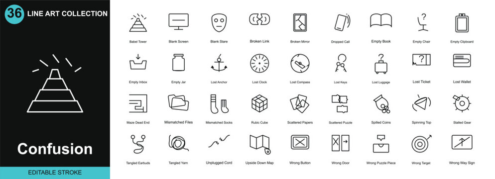 Confusion icon set. Contain icons related to confused, lost, broken link, empty inbox, maze dead end, tangled yarn, wrong way sign, mismatched socks, and more. Editable stroke