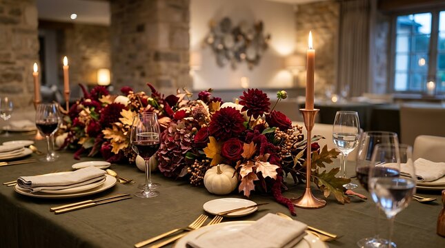 Elegant autumn dining table centerpiece with candles and floral decor