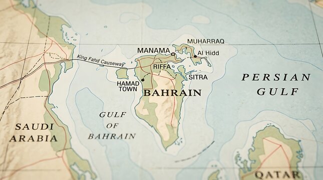 Map of Bahrain displaying cities like Manama and the Persian Gulf on a vintage paper surface.