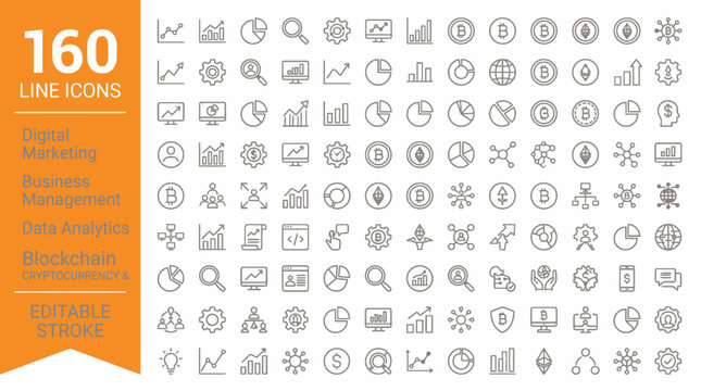 Minimalist 160 line icons covering digital marketing, business management, data analytics, blockchain, cryptocurrency, and NFT concepts in vector style.