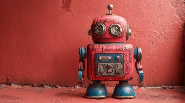 Vintage red tin robot toy, weathered antique mechanical robot figurine, rustic metal android collectible against a textured red wall background