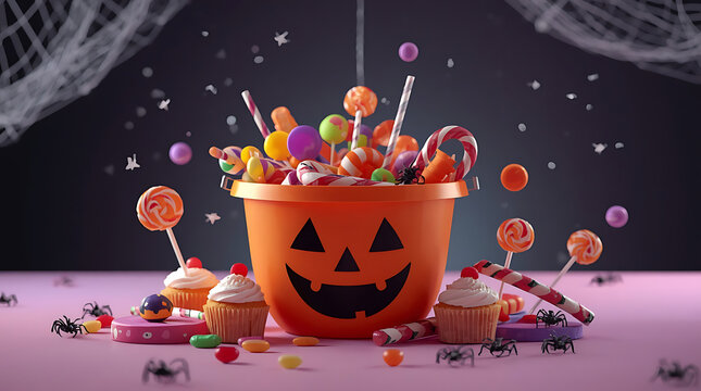 Halloween jack-o-lantern bucket overflowing with candy lollipops and sweet