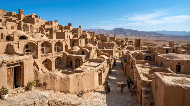 Ancient Adobe Village With Domes Arches and Desert Mountains