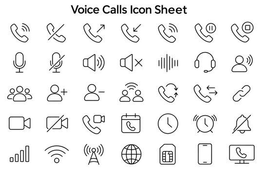 Voice Calls Icon Sheet: A comprehensive collection of vector icons representing various aspects of voice calls, communication, and connectivity, ideal for user interfaces and app design.