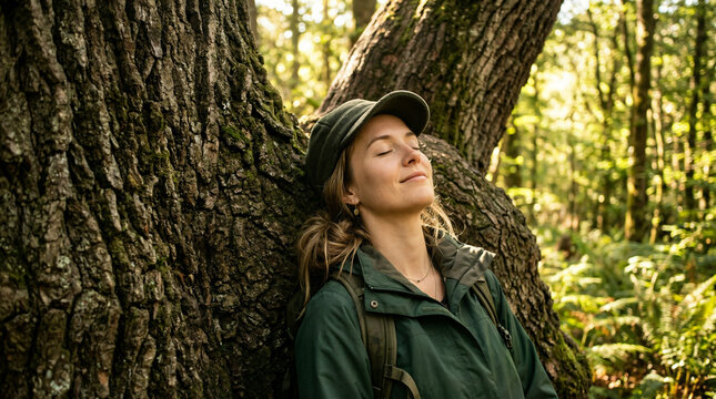 Tired woman resting leaning against large tree trunk in forest