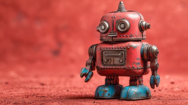 Vintage red tin robot toy, retro mechanical cyborg figurine on red background, weathered antique metal robot with blue feet for nostalgia concepts