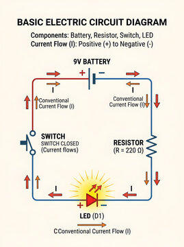 Basic electric circuit diagram showing battery resistor switch and led flow process.