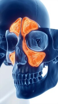3D Illustration of Human Skull with Highlighted Sinuses and Nasal Cavity