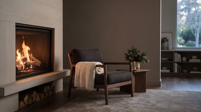 Cozy living room interior with a burning fireplace and comfortable armchair