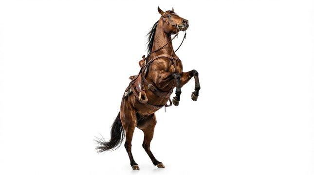 Chestnut Horse Rearing Wearing Saddle Isolated on White