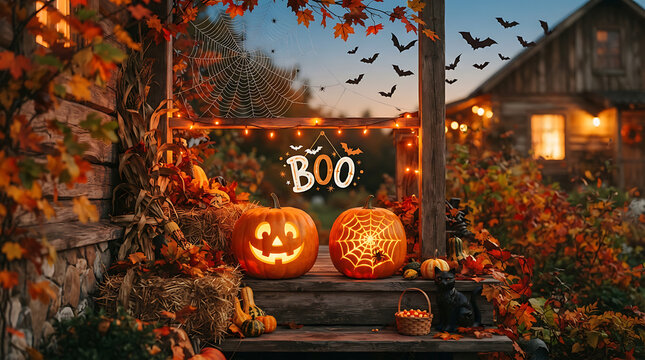 Two warm-glowing jack-o'-lanterns on the steps of a porch beneath a "BOO" banner strung with lights, autumn leaves and hay bales dressing the entryway while lit windows and bat silhouettes fill the da