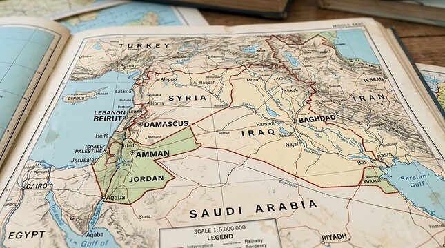Atlas book opened to a detailed map of the Middle East region lies on a wooden desk.