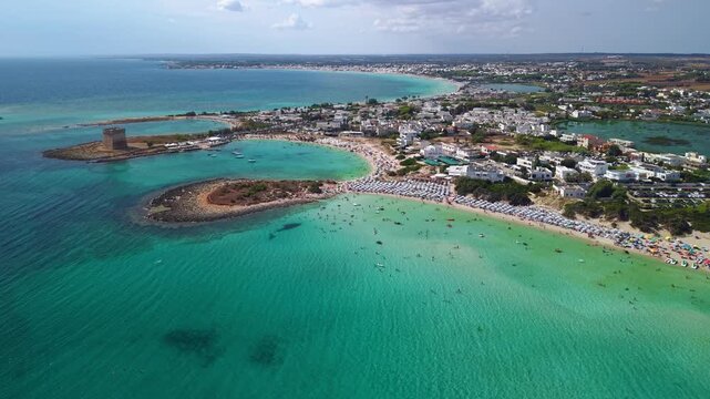 Aerial view of Torre di Santo Stefano and the beach in Torre Chianca