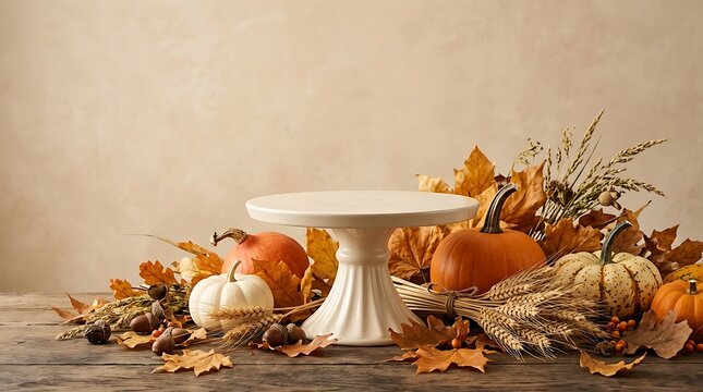 Elegant fall-themed dessert cake display with seasonal pumpkins and autumn leaves on rustic wooden table