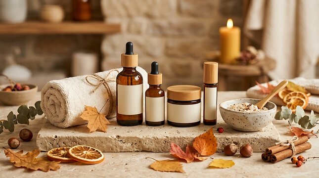 Natural essential oil bottles and dried herbs arranged on rustic wooden table for aromatherapy use