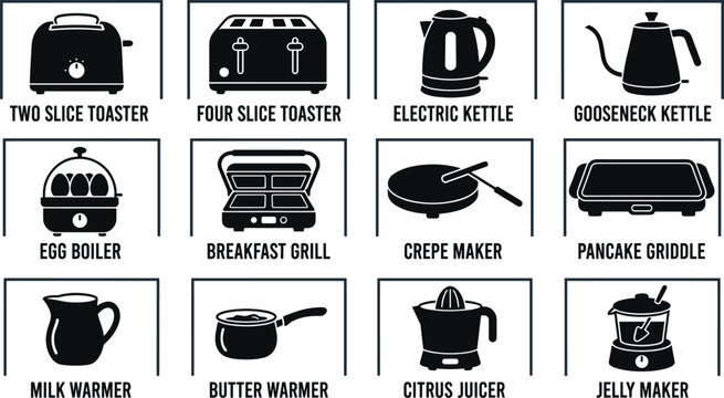 Breakfast kitchen appliance bundle featuring toaster kettle egg boiler crepe maker griddle citrus juicer and warmer