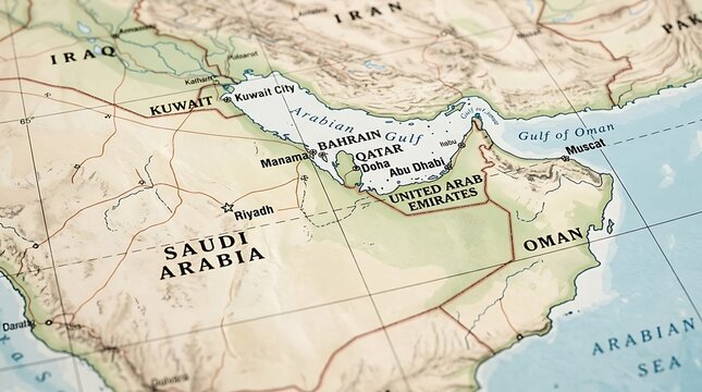 Map of the Middle East displays the geographical region around the Persian Gulf and Arabian Peninsula.