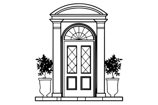 Elegant classical door with decorative fanlight and potted plants