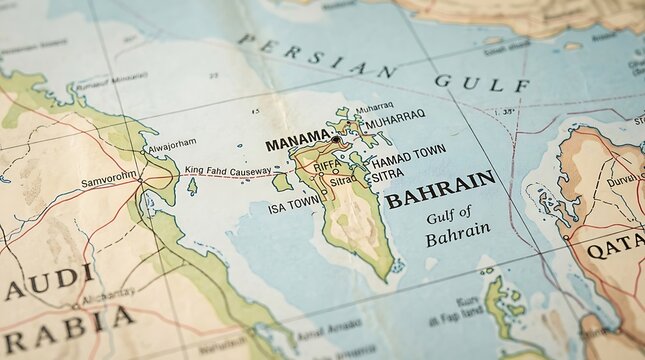 Map of Bahrain and the Persian Gulf lies open showing geographic locations and sea routes.