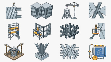 Fototapeta premium Steel Framework Construction Process and Structural Components Infographic