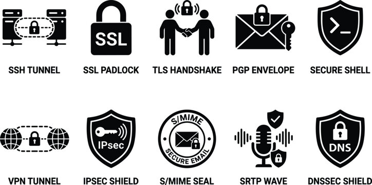 Cybersecurity encryption protocol icons set showing network security vpn tunnel ssl padlock pgp email and dns protection