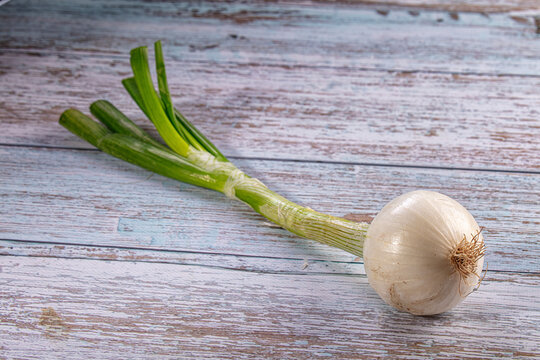 Fresh white onion with green stalks on rustic wooden background