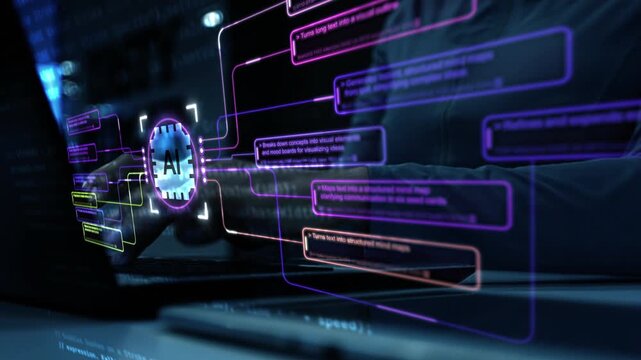 Analyst uses a computer Futuristic Artificial Intelligence Network with Neon Data Connections, Digital AI Chip Interface, Glowing Technology Circuits and Connected Data Streams on a Dark Background