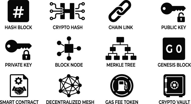 Decentralized crypto network icons set highlighting genesis block smart contract gas fee token hash mesh private key