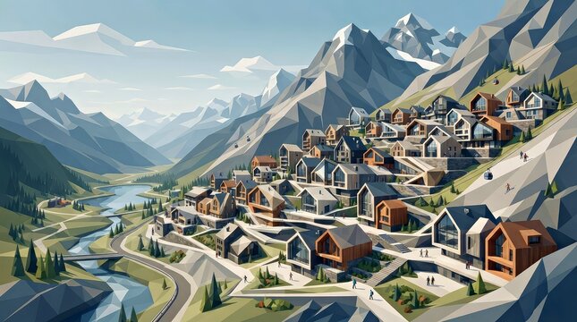 Geometric Low Poly Illustration of a Modern Mountain Village