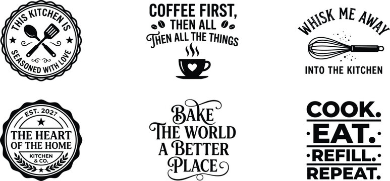 Collection of hand drawn kitchen and coffee themed inspirational quotes and illustrations