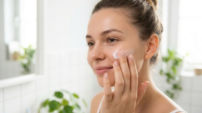 Young woman applying moisturizer or face cream on her cheek in bright bathroom with plants and natural light