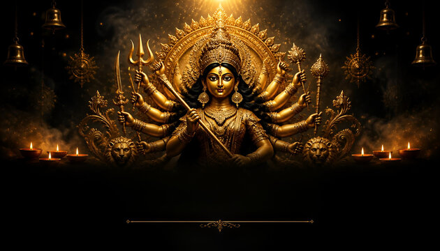 Golden statue of the many-armed goddess durga in a dark temple with glowing lights and smoke